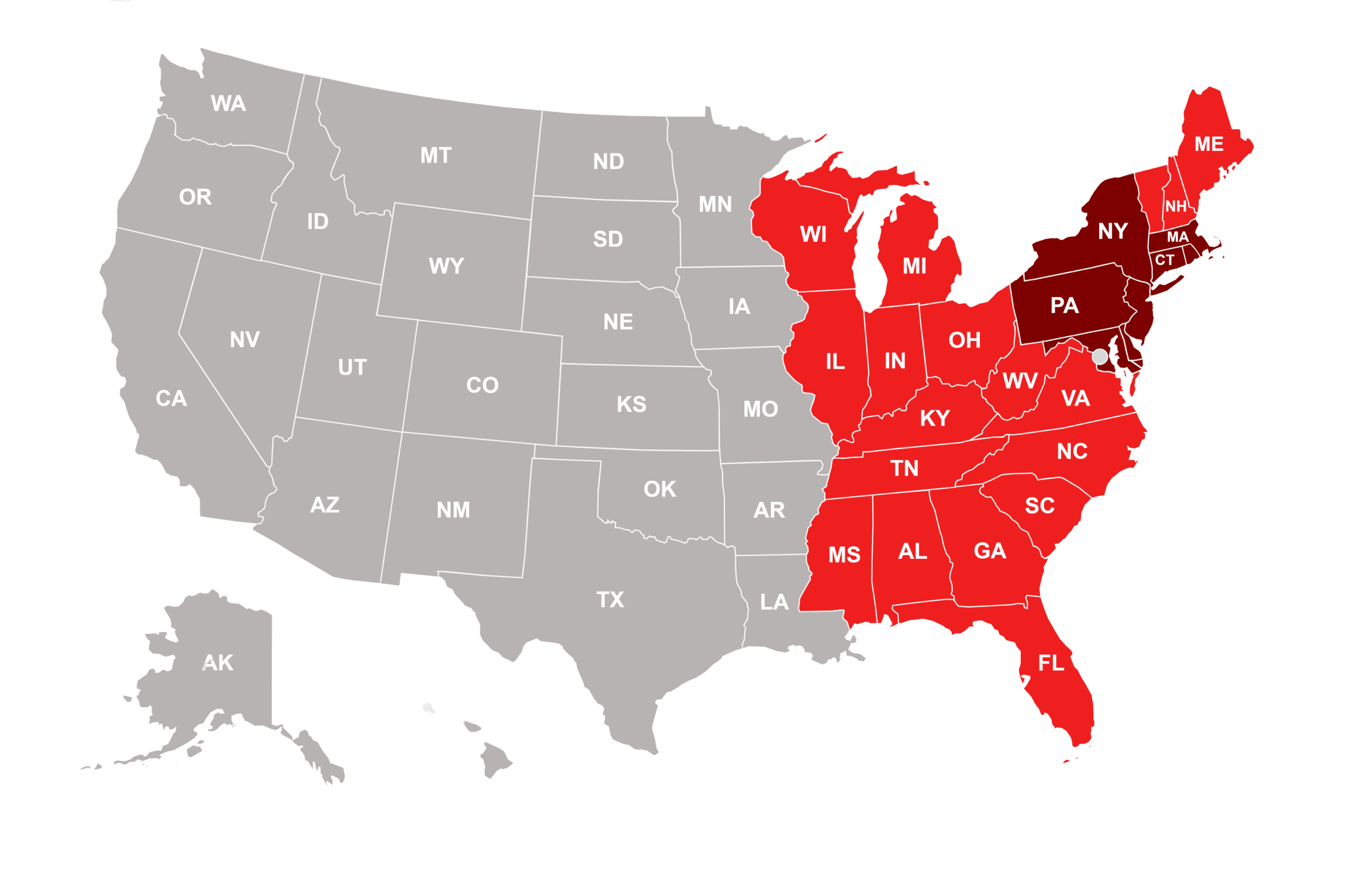 CRS Contractors service area map across the Eastern United States.